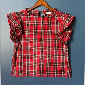 Entro red plaid ruffle sleeve shirt size large Christmas plaid